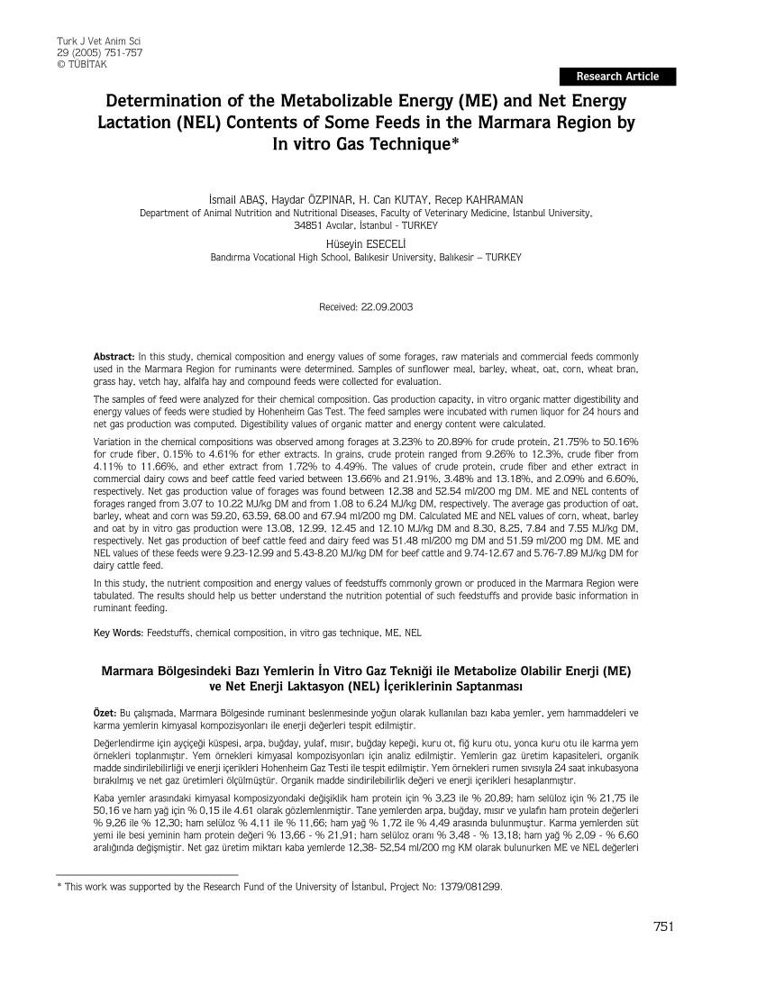 PDF) Determination of the metabolizable energy (ME) and net energy  lactation (NEL) contents of some feeds in the Marmara Region by in vitro  gas technique