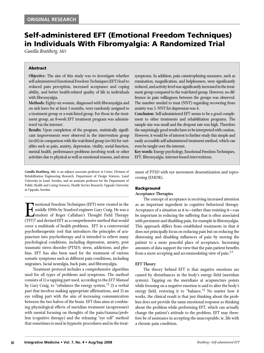 Pdf Self Administered Eft Emotional Freedom Techniques In Individuals With Fibromyalgia A Randomized Trial