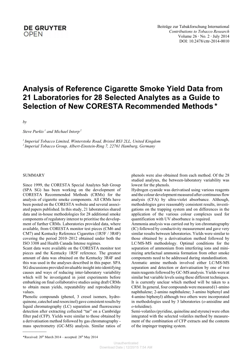 Pdf Analysis Of Reference Cigarette Smoke Yield Data From - 