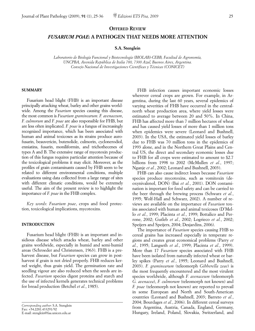 Pdf Fusarium Poae A Pathogen That Needs More Attention