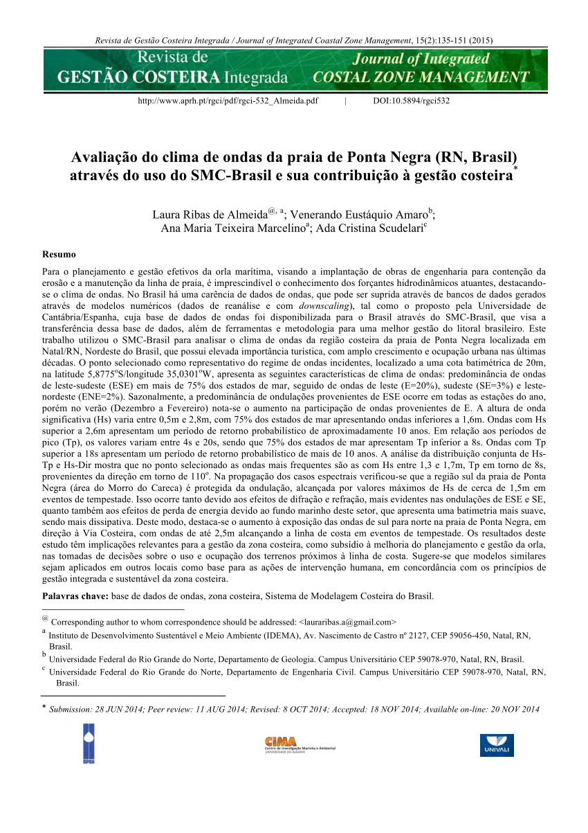 PDF) Avaliação do clima de ondas da praia de Ponta Negra (RN, Brasil)  através do uso do SMC-Brasil e sua contribuição à gestão costeira