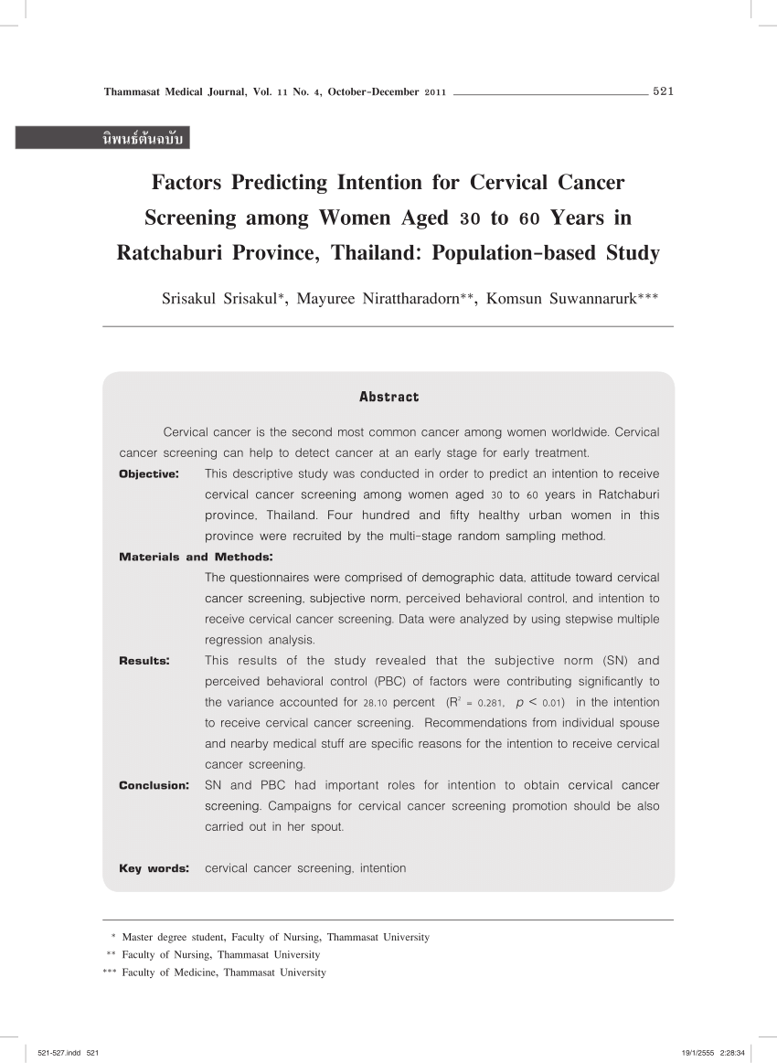 Pdf Factors Predicting Intention For Cervical Cancer Screening Among Women Aged 30 To 60 Years In Ratchaburi Province Thailand Population Based Study