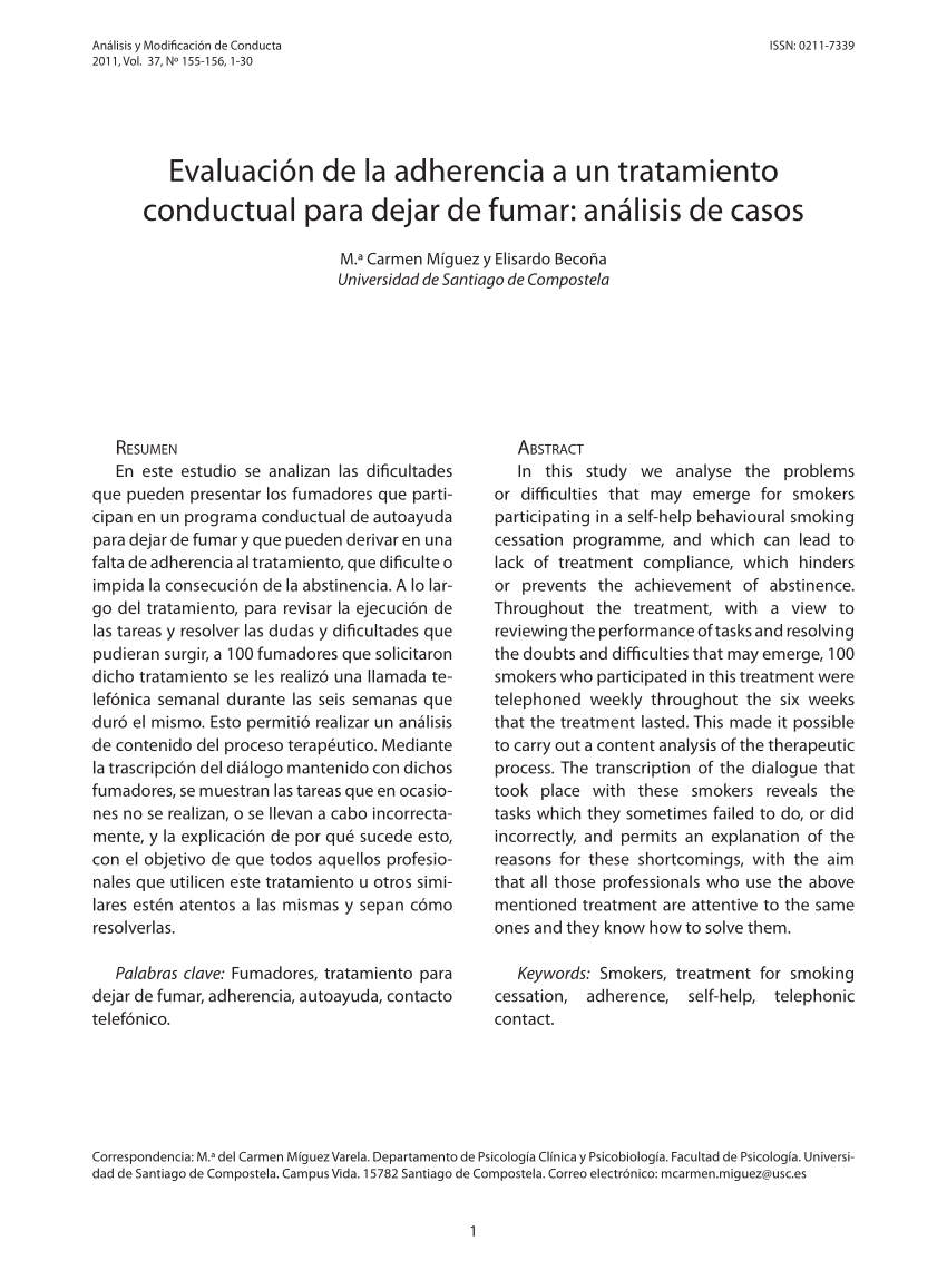 Pdf Evaluacion De La Adherencia A Un Tratamiento Conductual Para Dejar De Fumar Analisis De Casos