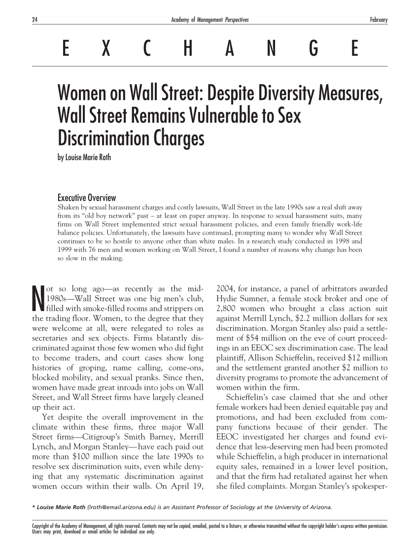 PDF) Women on Wall Street: Despite Diversity Measures, Wall Street Remains  Vulnerable to Sex Discrimination Charges