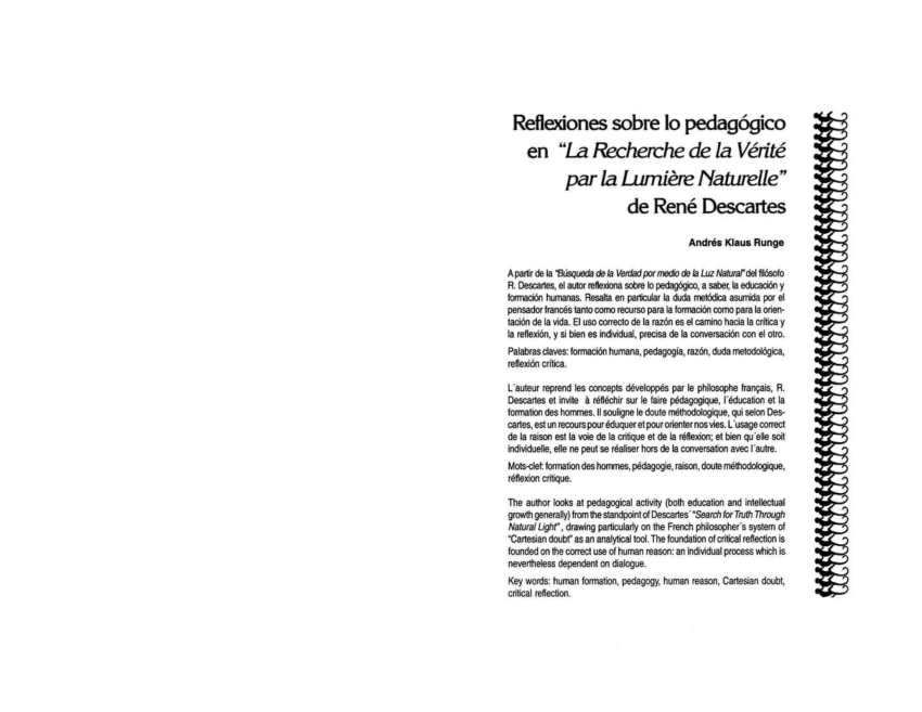 Pdf Reflexiones Sobre Lo Pedagogico En La Recherche De La Verite Par La Lumiere Naturelle De Rene Descartes