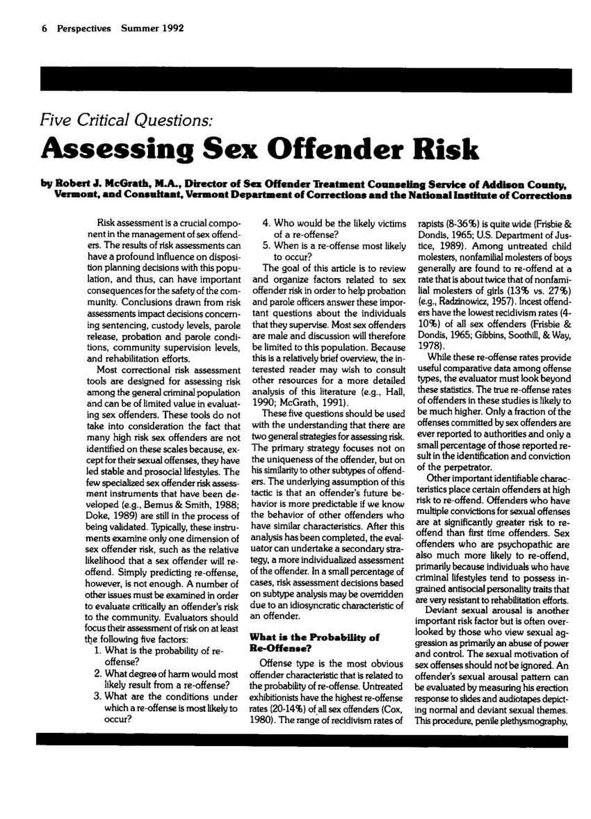Pdf Five Critical Questions Assessing Sex Offender Risk