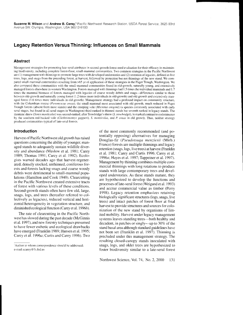 (PDF) Legacy Retention Versus Thinning: Influences on Small Mammals