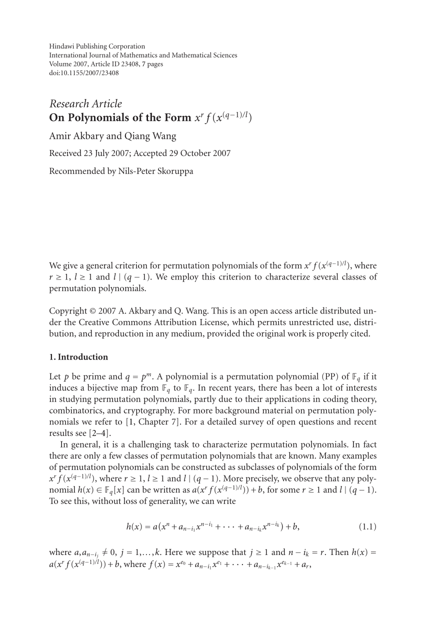 Pdf Research Article On Polynomials Of The Form X R F X Q 1 L