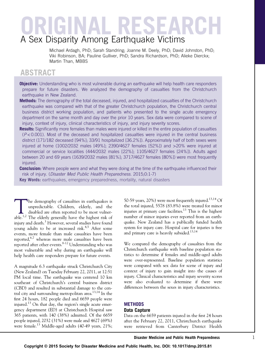 Pdf A Sex Disparity Among Earthquake Victims 5349