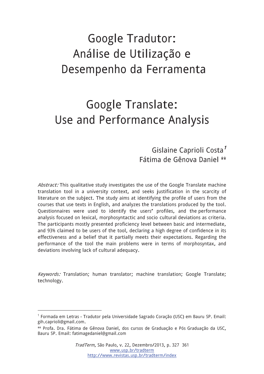 PDF) Google Tradutor: Análise de Utilização e Desempenho da Ferramenta