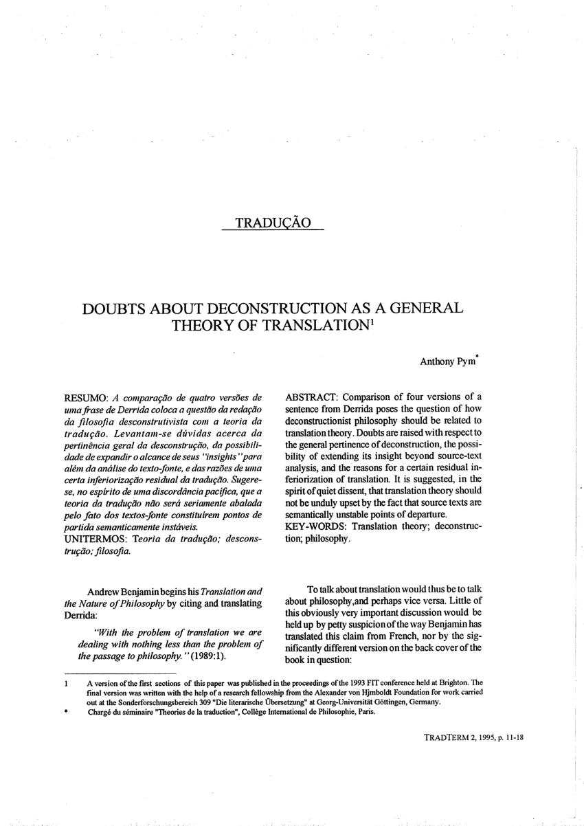 PDF) Doubts about Deconstruction as a General Theory of Translation