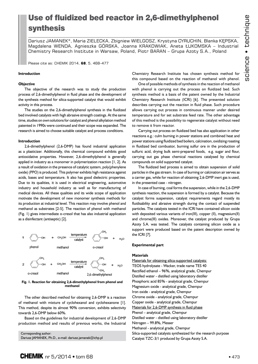 Pdf Use Of Fluidized Bed Reactor In 2 6 Dimethylphenol Synthesis