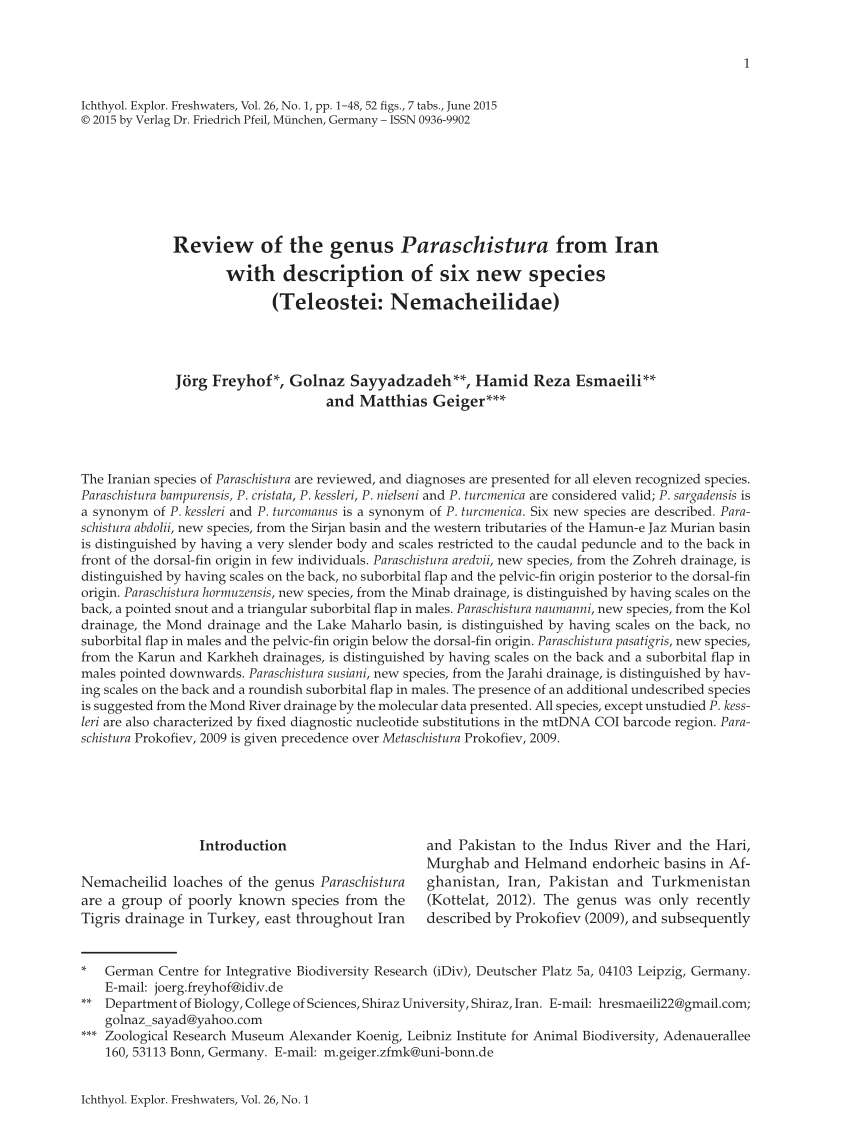 Pdf Review Of The Genus Paraschistura From Iran With Description Of Six New Species Teleostei Nemacheilidae