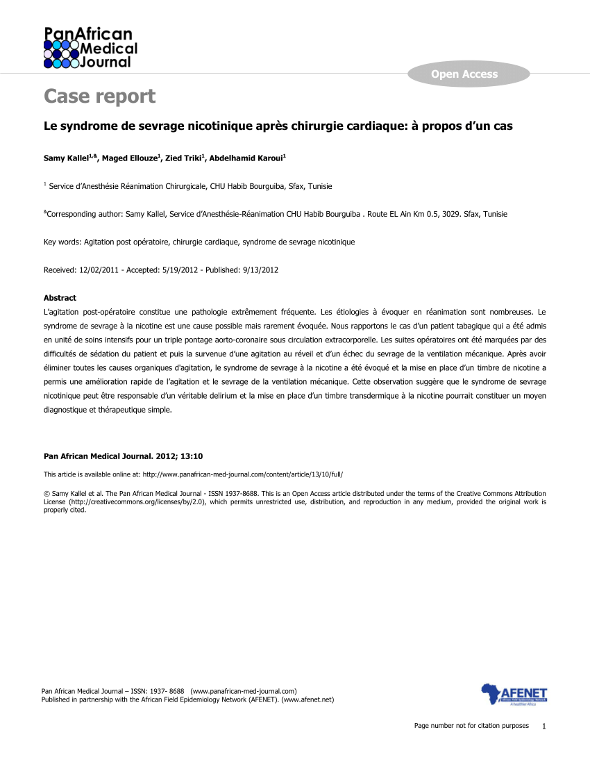 Pdf Le Syndrome De Sevrage Nicotinique Apres Chirurgie Cardiaque A Propos D Un Cas