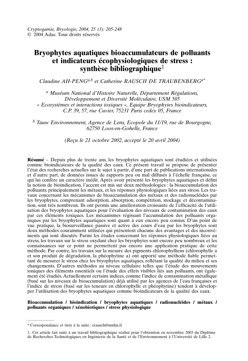 PDF) Aquatic bryophytes bioaccumulators of pollutants and