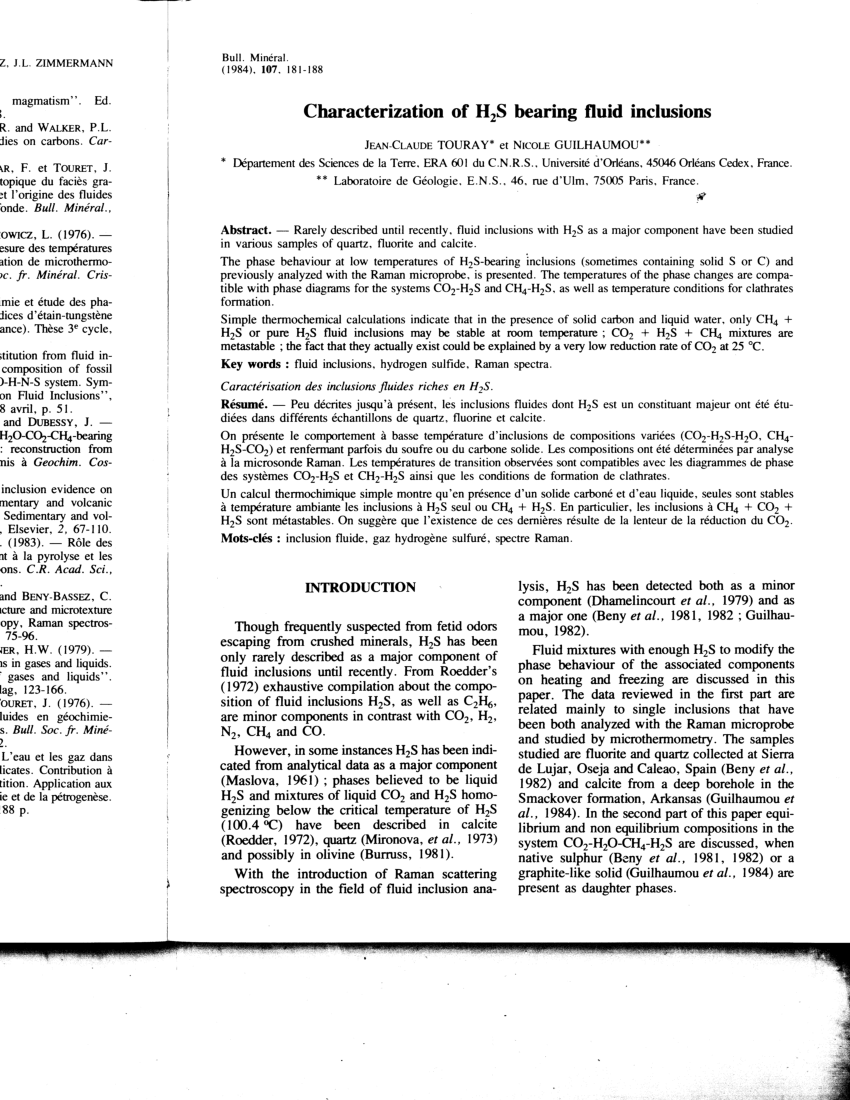 Pdf Characterization Of H2s Bearing Fluid Inclusions