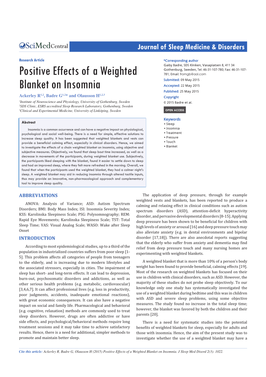 (PDF) Positive effects of a weighted blanket on insomnia