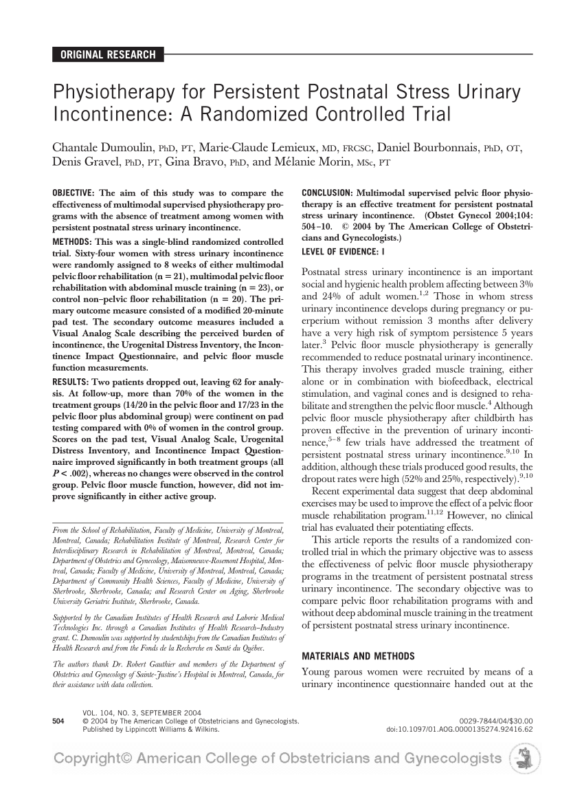 PDF) Physiotherapy for Persistent Postnatal Stress Urinary Incontinence : A  Randomized Controlled Trial