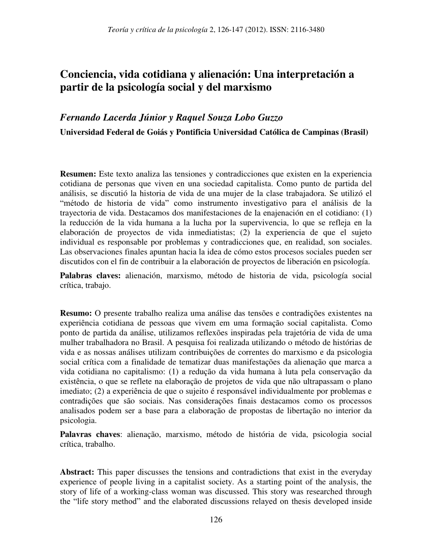 Pdf Awareness Daily Life And Alienation An Interpretation Based On Social Psychology And Marxism Conciencia Vida Cotidiana Y Alienacion Una Interpretacion A Partir De La Psicologia Social Y Del Marxismo