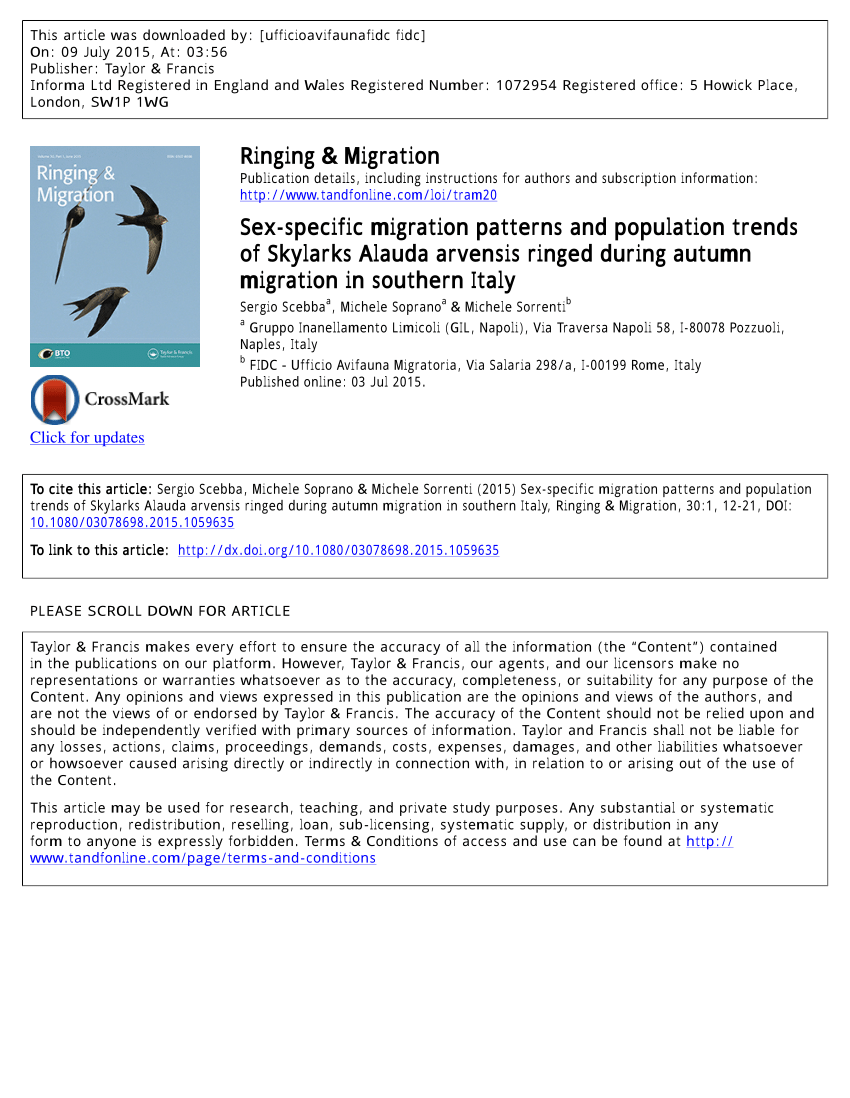 Pdf Sex Specific Migration Patterns And Population Trends Of Skylarks Alauda Arvensis Ringed