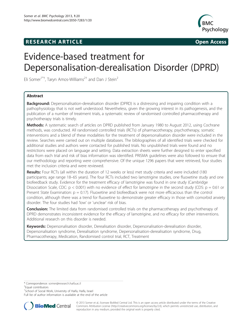 Pdf Evidence Based Treatment For Depersonalisation Derealisation Disorder Dprd