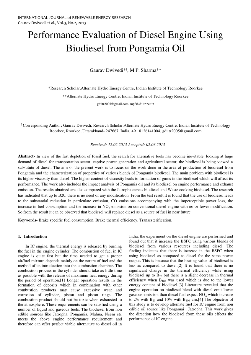 Pdf Performance Evaluation Of Diesel Engine Using Biodiesel From Pongamia Oil 1362