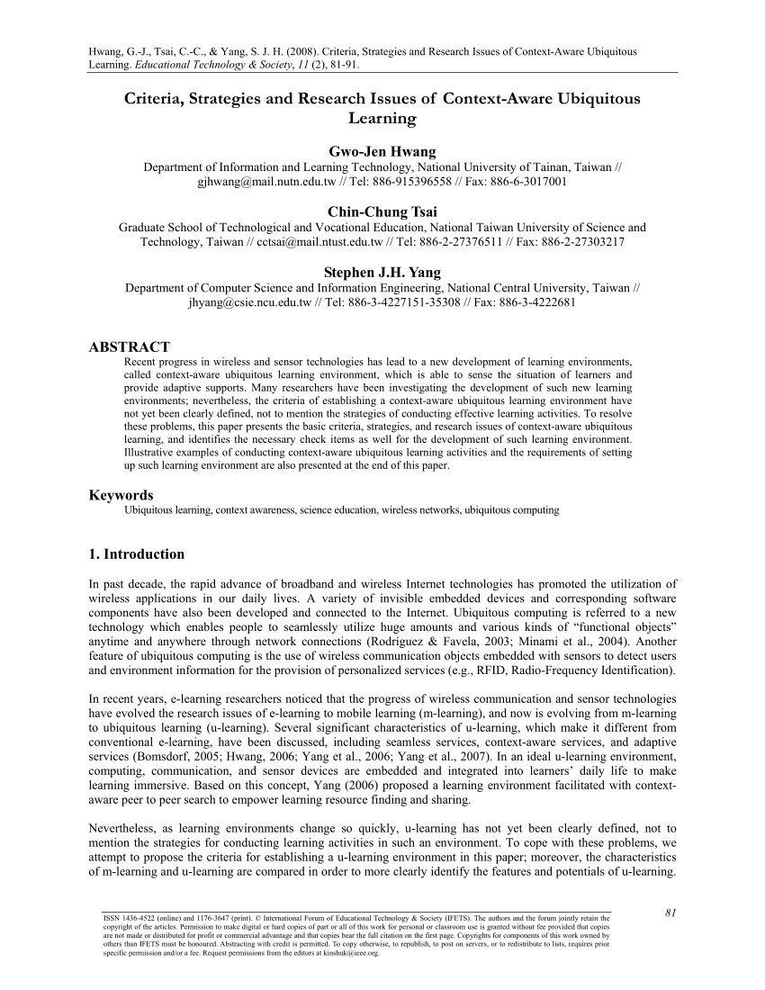 Pdf Criteria Strategies And Research Issues Of Context Aware Ubiquitous Learning