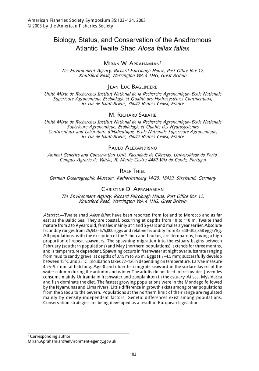 PDF) Biology, status, and conservation of the anadromous Atlantic twaite  shad Alosa fallax fallax