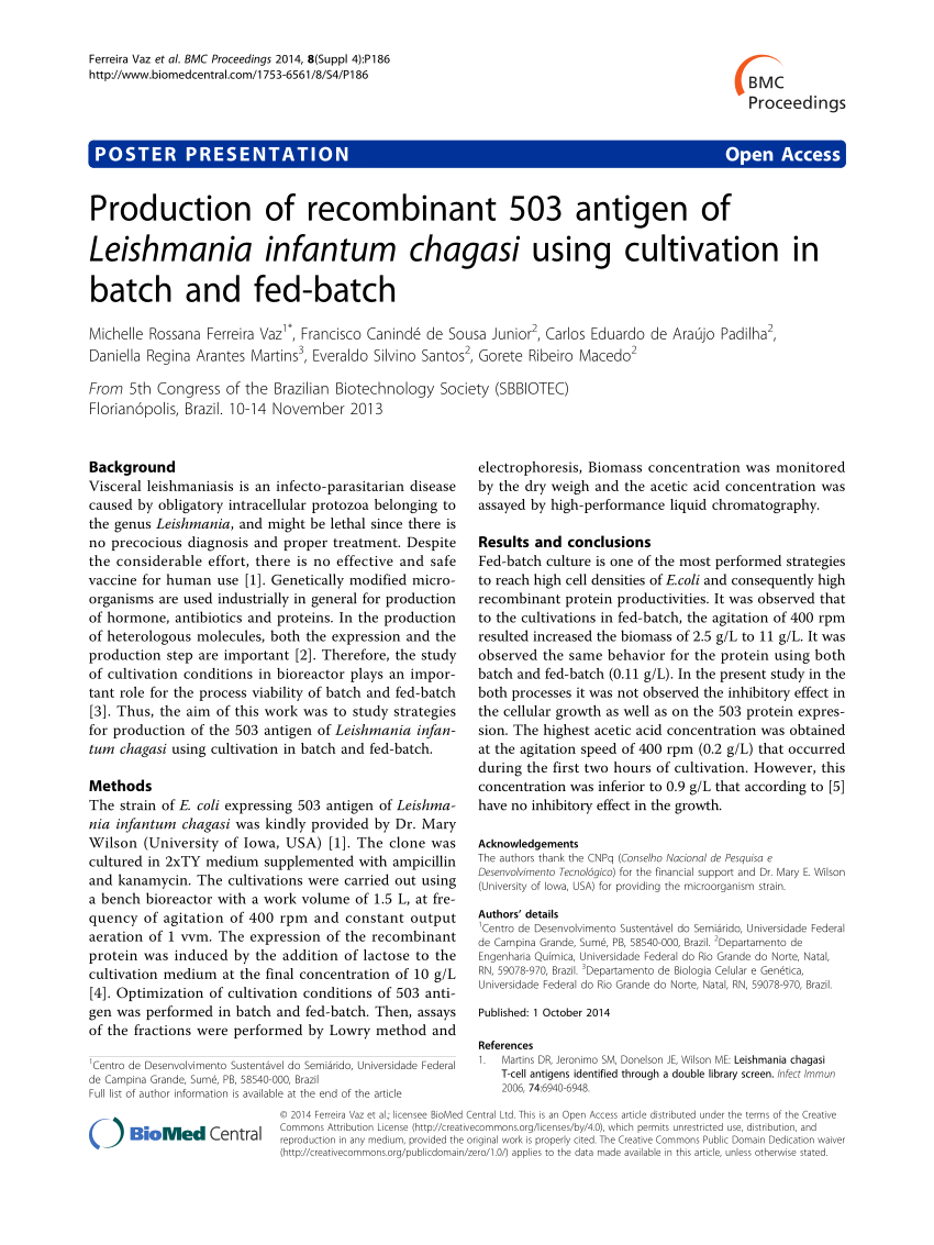 PDF) Production of recombinant 503 antigen of Leishmania infantum chagasi  using cultivation in batch and fed-batch