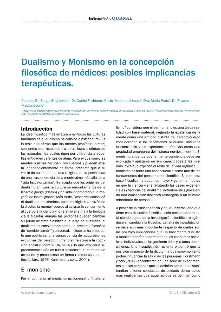 PDF) Dualismo y Monismo en la concepción de medicos