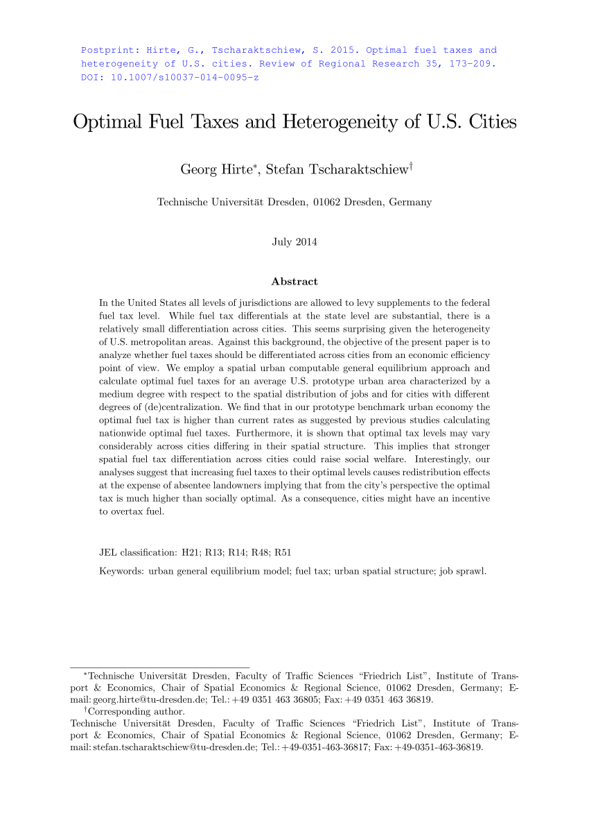 PDF Optimal Fuel Tax and Heterogeneity of Cities