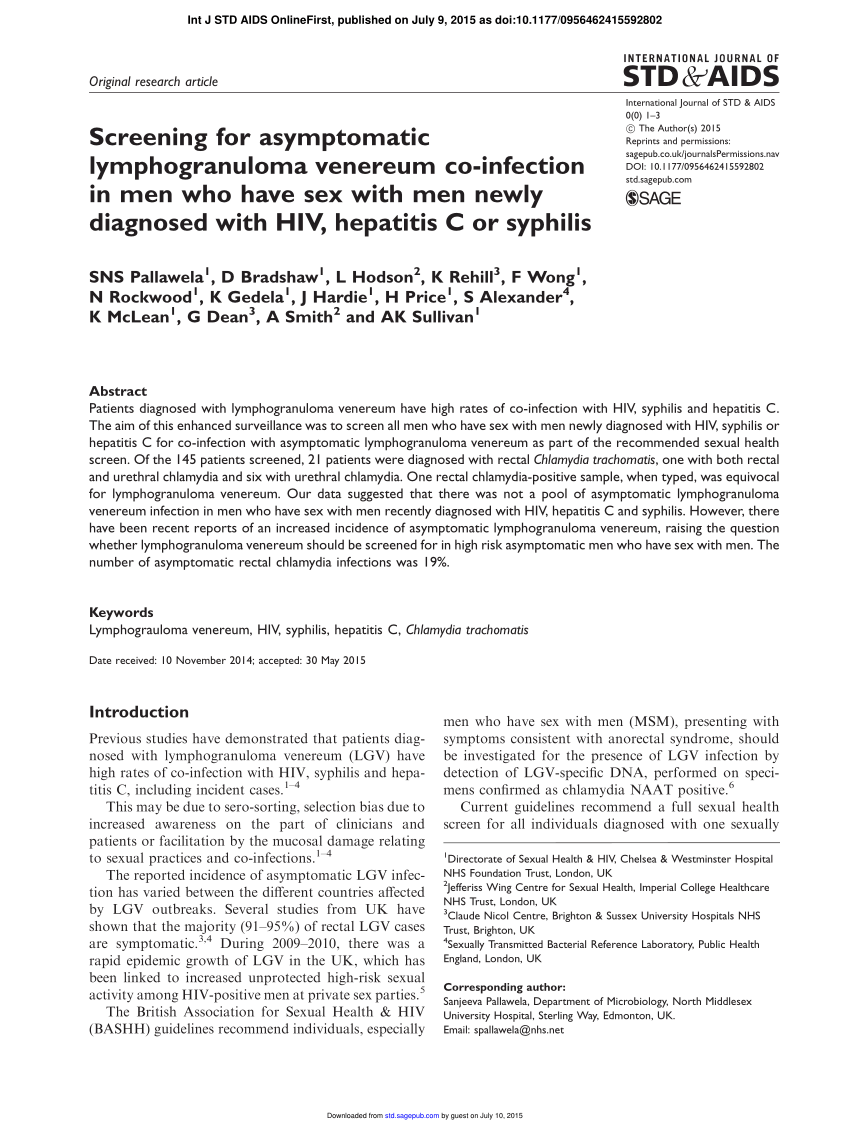 Pdf Screening For Asymptomatic Lymphogranuloma Venereum Co Infection In Men Who Have Sex With 