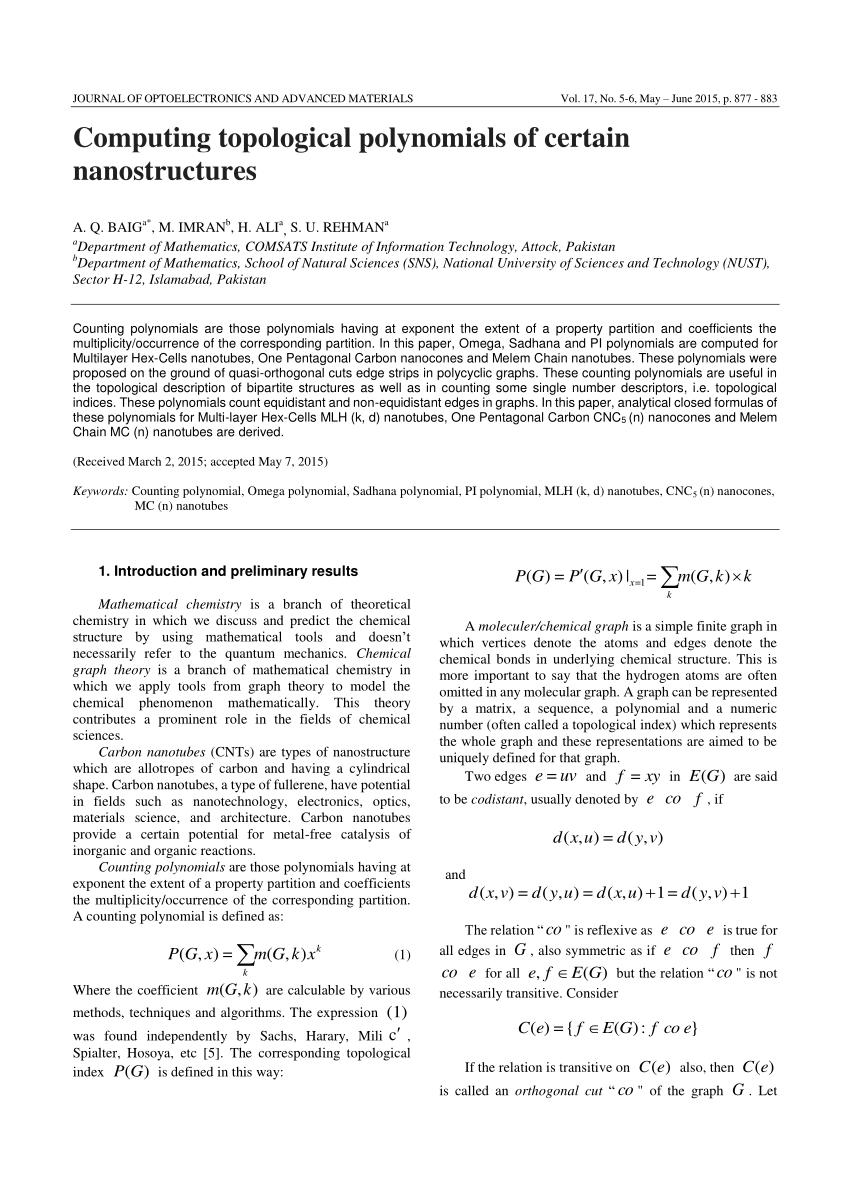 Pdf Computing Topological Polynomials Of Certain Nanostructures