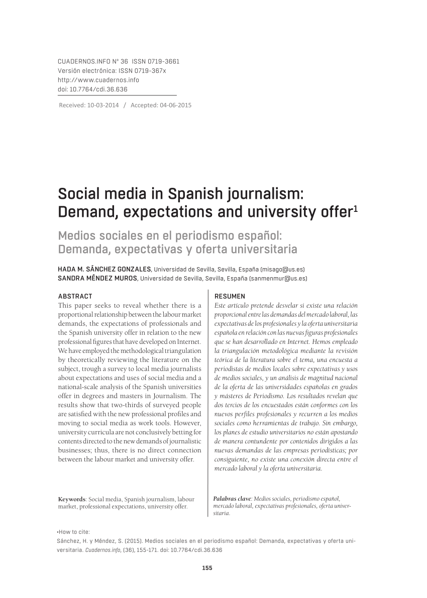 PDF Medios sociales en el periodismo espa±ol Demanda expectativas y oferta universitaria