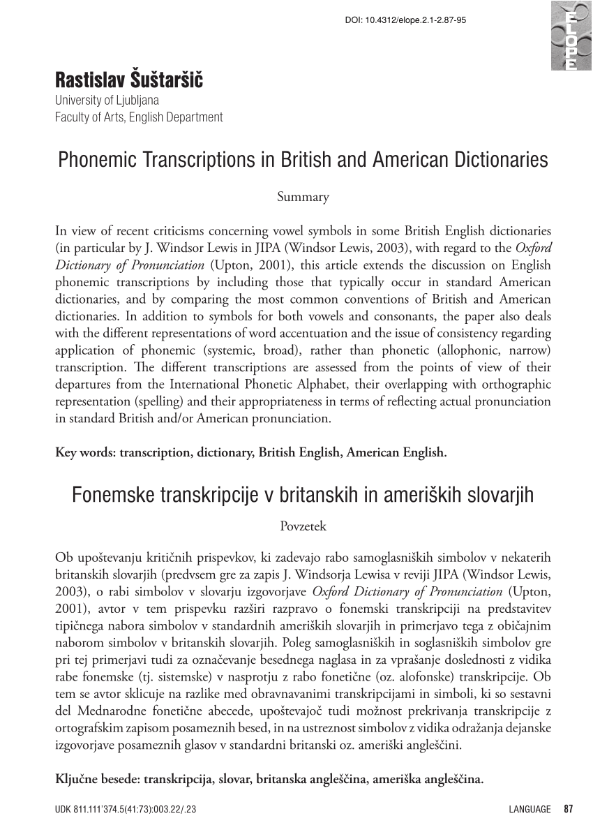 Pdf Phonemic Transcriptions In British And American Dictionaries