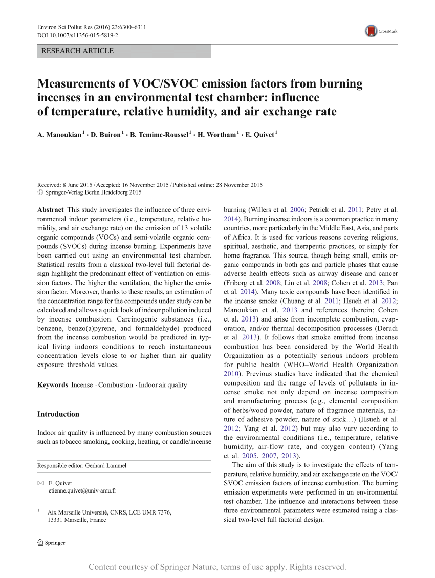 Measurements Of Voc Svoc Emission Factors From Burning Incenses In An Environmental Test Chamber Influence Of Temperature Relative Humidity And Air Exchange Rate Request Pdf