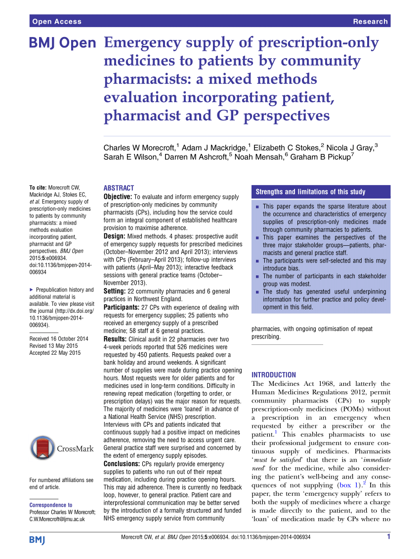 Pdf Emergency Supply Of Prescription Only Medicines To Patients By Community Pharmacists A Mixed Methods Evaluation Incorporating Patient Pharmacist And Gp Perspectives