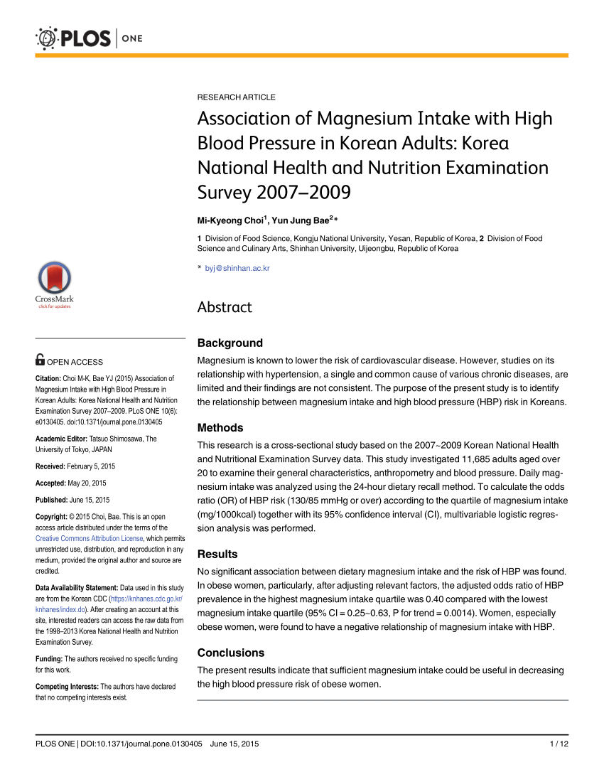 Pdf Association Of Magnesium Intake With High Blood Pressure In - pdf association of magnesium intake with high blood pressure in korean adults korea national health and nutrition examination survey 2007 2009