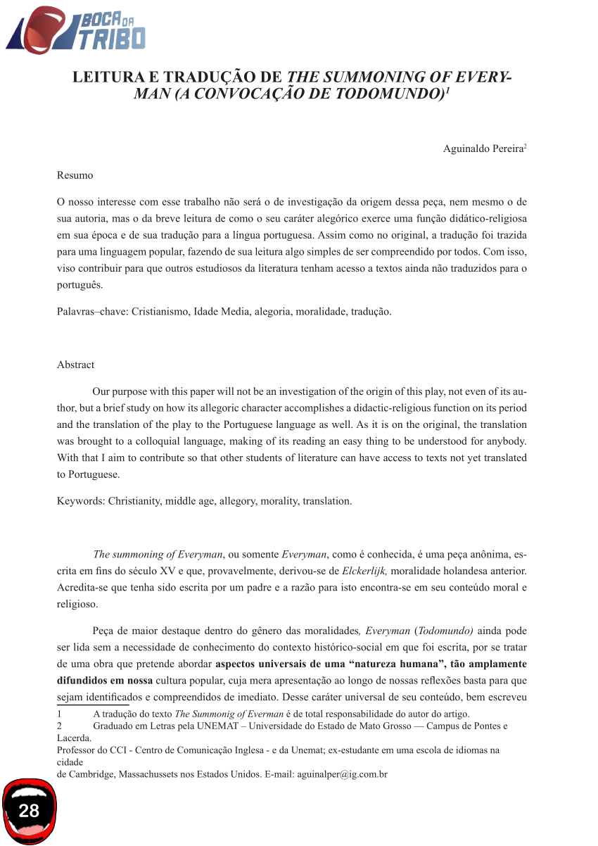 PDF) LEITURA E TRADUÇÃO DE THE SUMMONING OF EVERYMAN (A CONVOCAÇÃO DE  TODOMUNDO)