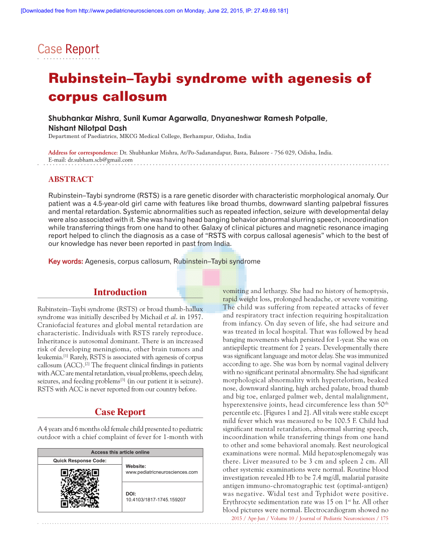 Rubinstein-Taybi syndrome with agenesis of corpus callosum. - Abstract -  Europe PMC