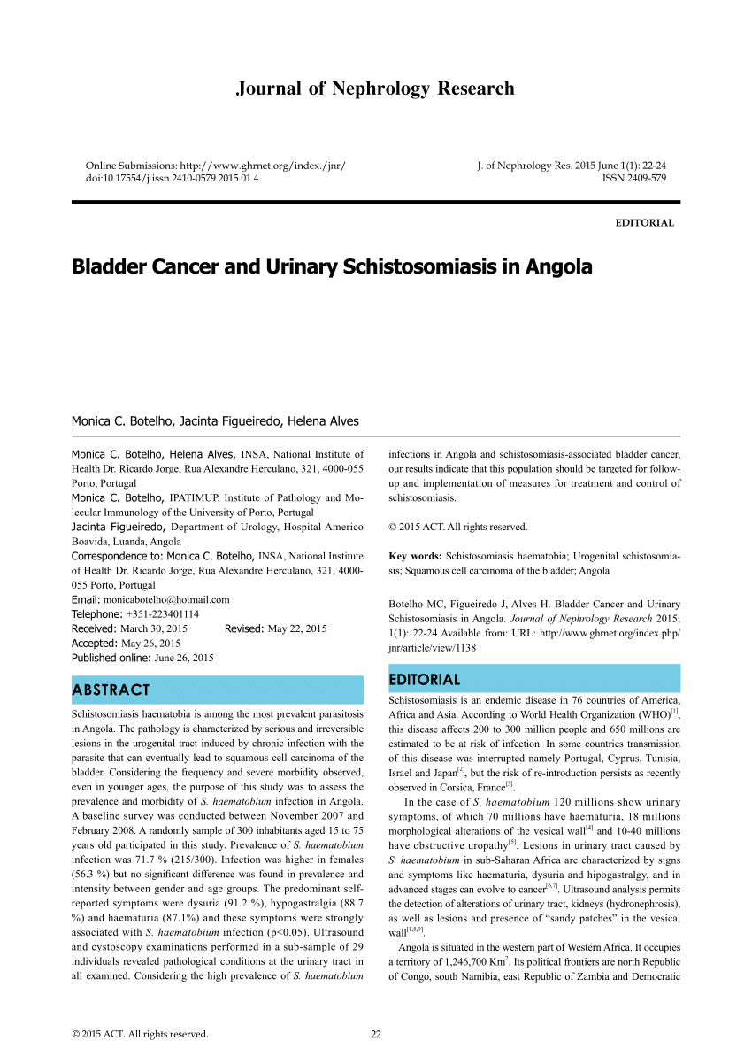 Pdf Bladder Cancer And Urinary Schistosomiasis In Angola