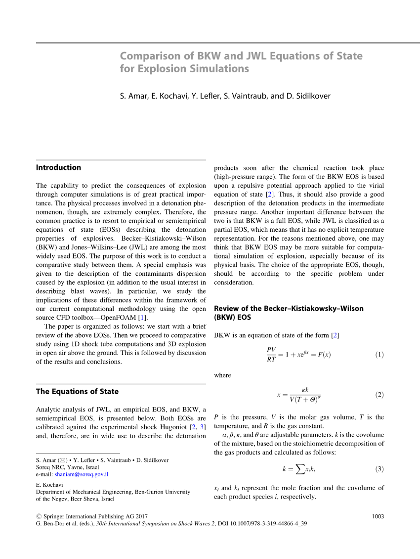 Pdf Comparison Of Bkw And Jwl Equations Of State For Explosion Simulations