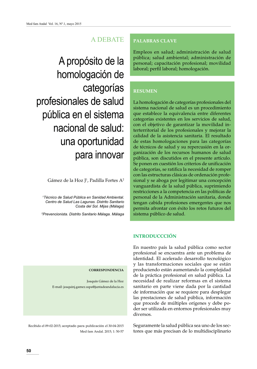 Pdf A Proposito De La Homologacion De Categorias Profesionales De Salud Publica En El Sistema Nacional De Salud Una Oportunidad Para Innovar Regarding The Accreditation Of Job Grade Of Public Health