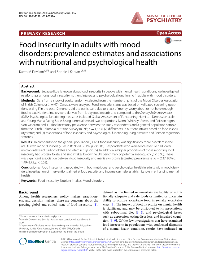 (PDF) Food insecurity in adults with mood disorders: Prevalence