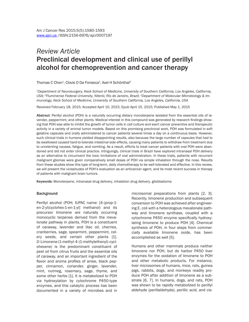 Pdf Preclinical Development And Clinical Use Of Perillyl Alcohol For