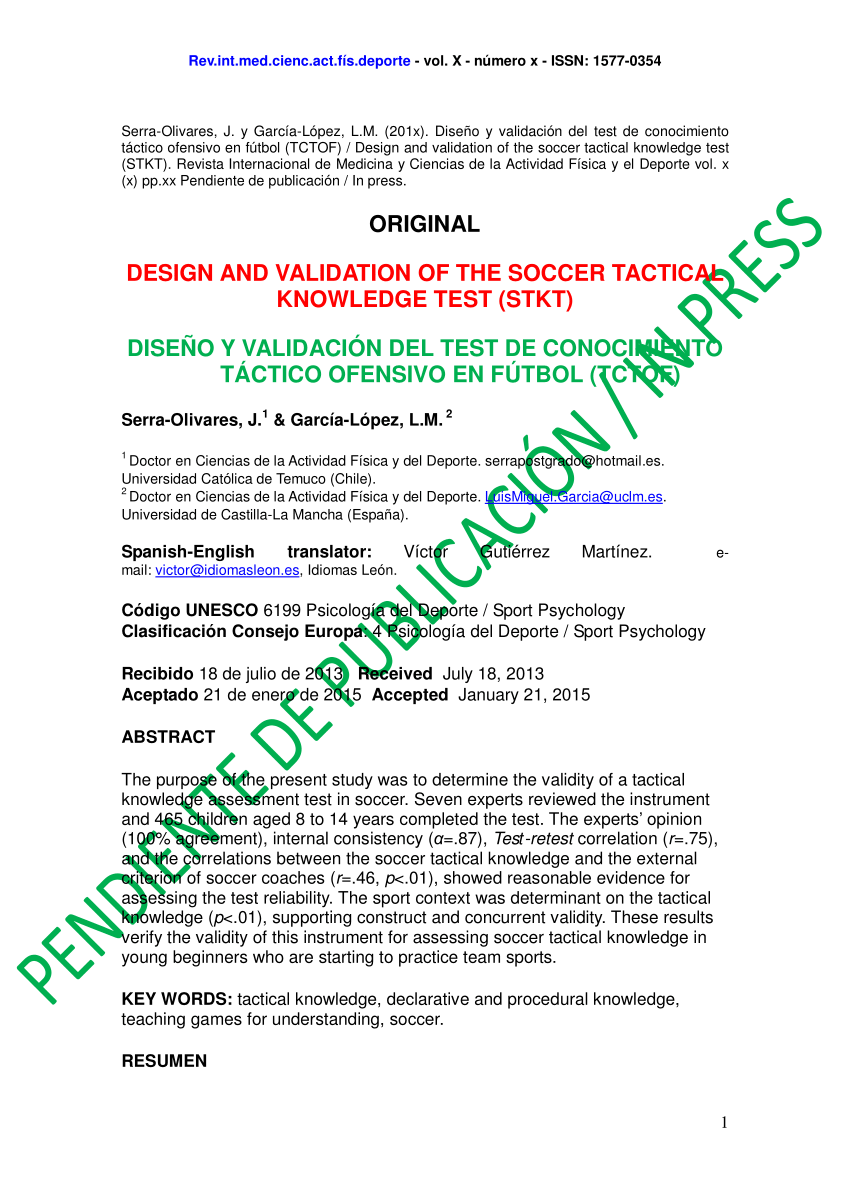 Pdf Design And Validation Of The Soccer Tactical Knowledge Test Stkt Diseno Y Validacion Del Test De Conocimiento Tactico Ofensivo En Futbol Tctof