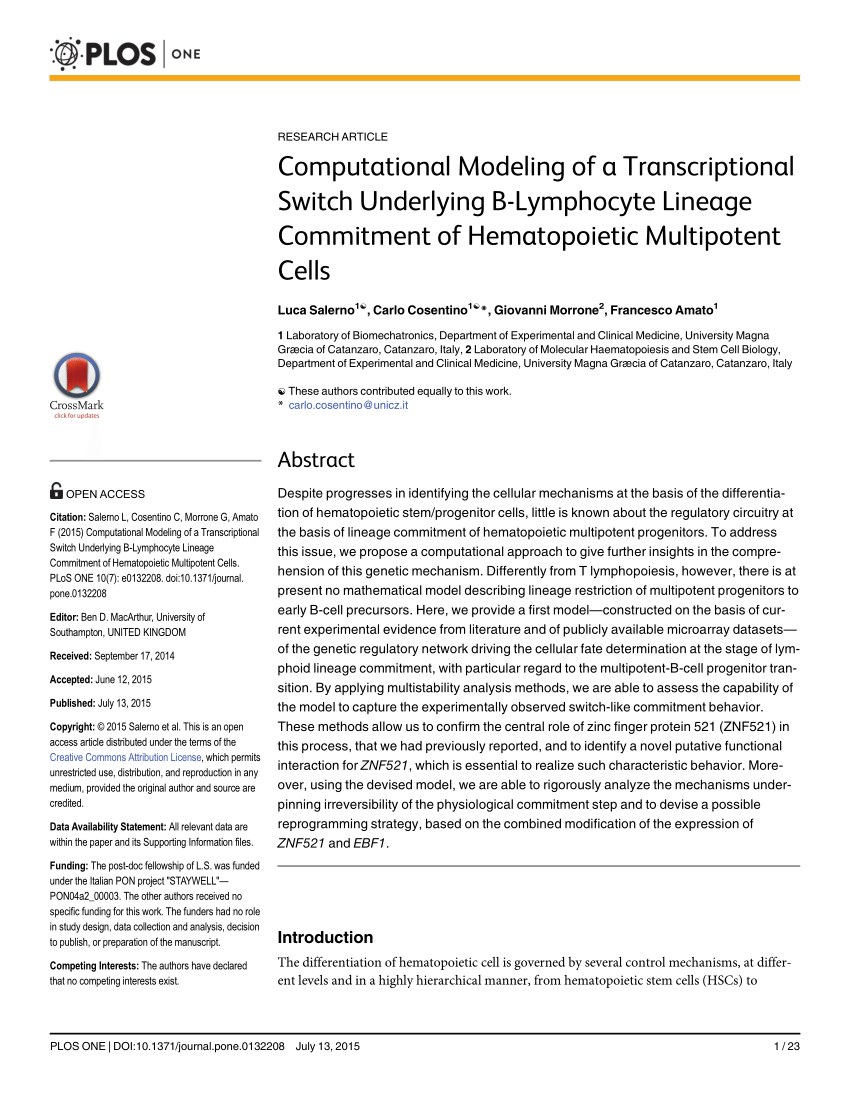 Pdf Computational Modeling Of A Transcriptional Switch Underlying B Lymphocyte Lineage Commitment Of Hematopoietic Multipotent Cells