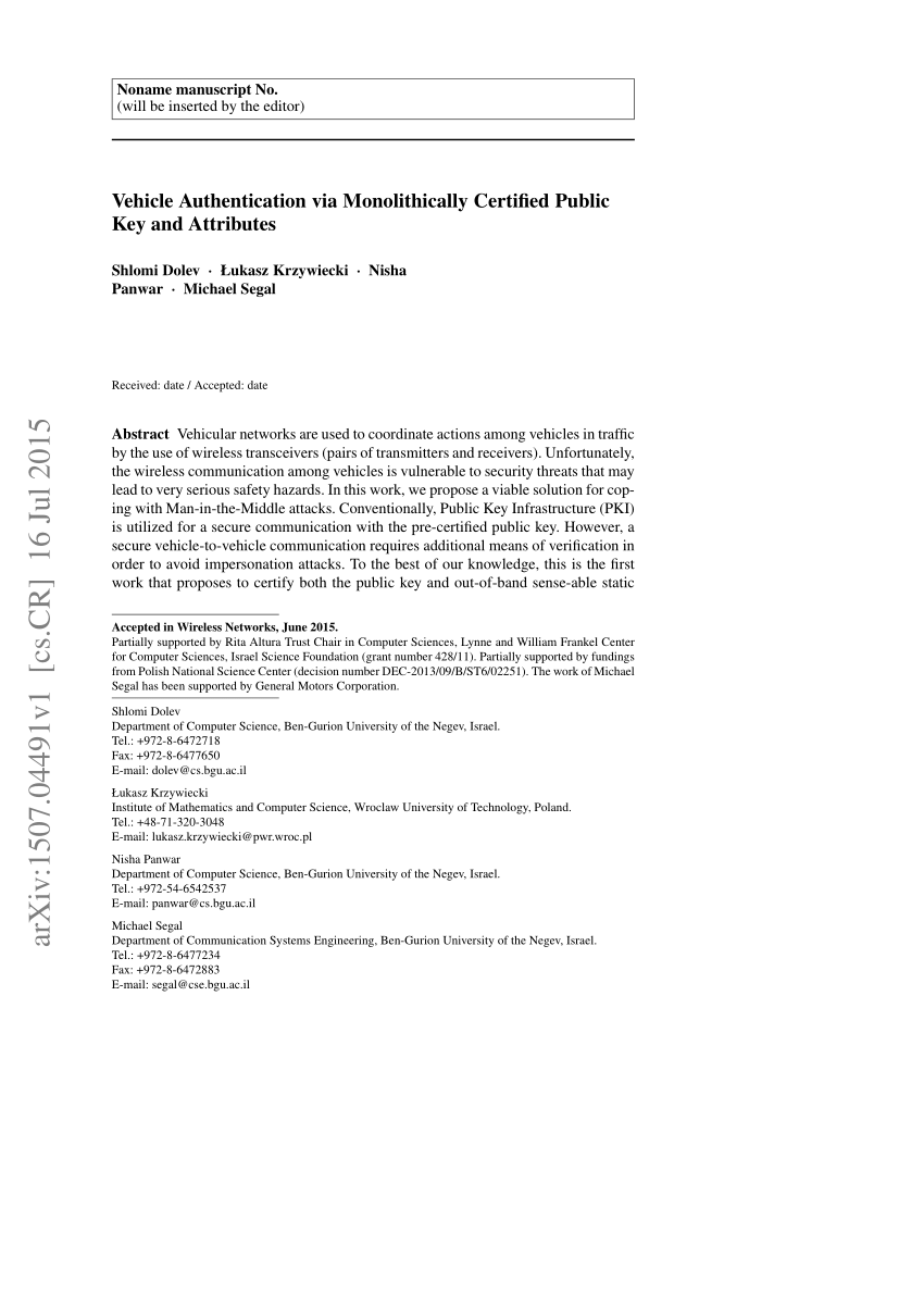 Pdf Vehicle Authentication Via Monolithically Certified