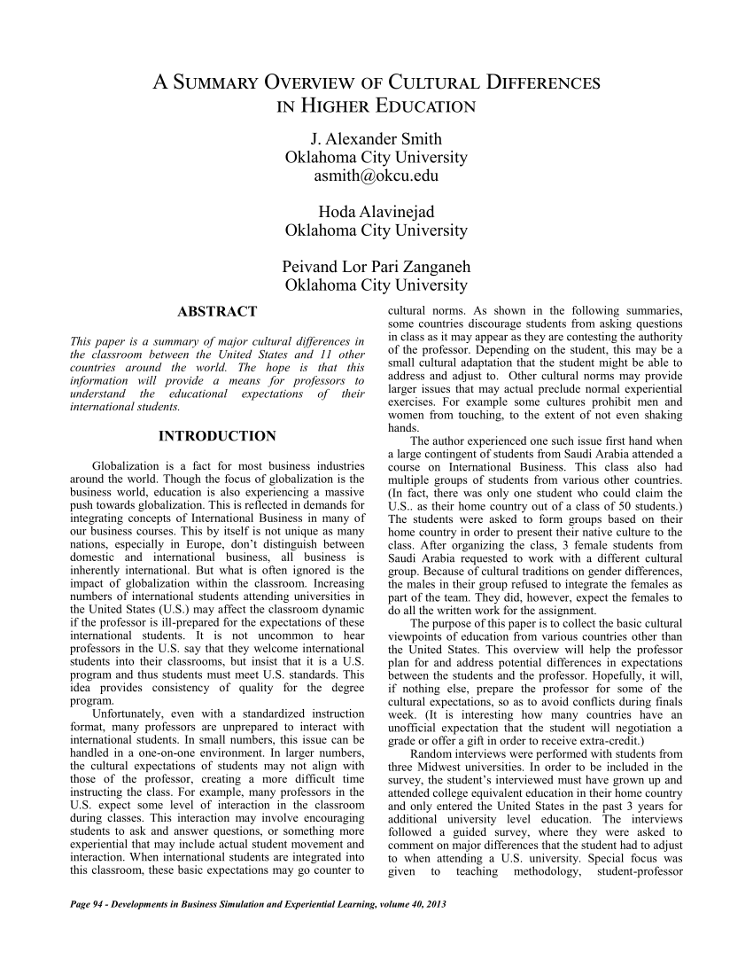 PDF A Summary Overview of Cultural Differences in Higher Education