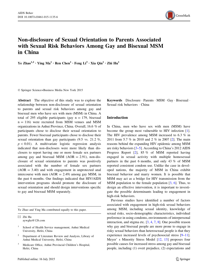 PDF) Non-disclosure of Sexual Orientation to Parents Associated with Sexual  Risk Behaviors Among Gay and Bisexual MSM in China